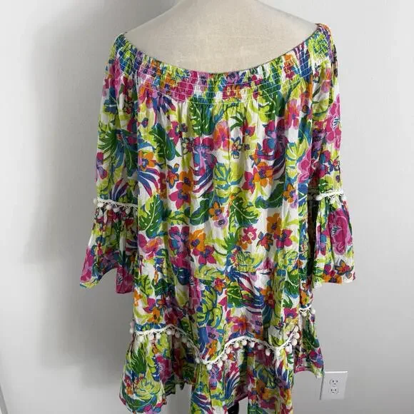 NEW True Destinations Colorful Floral Printed Off Shoulder Cotton Dress Beach XL - Picture 5 of 7